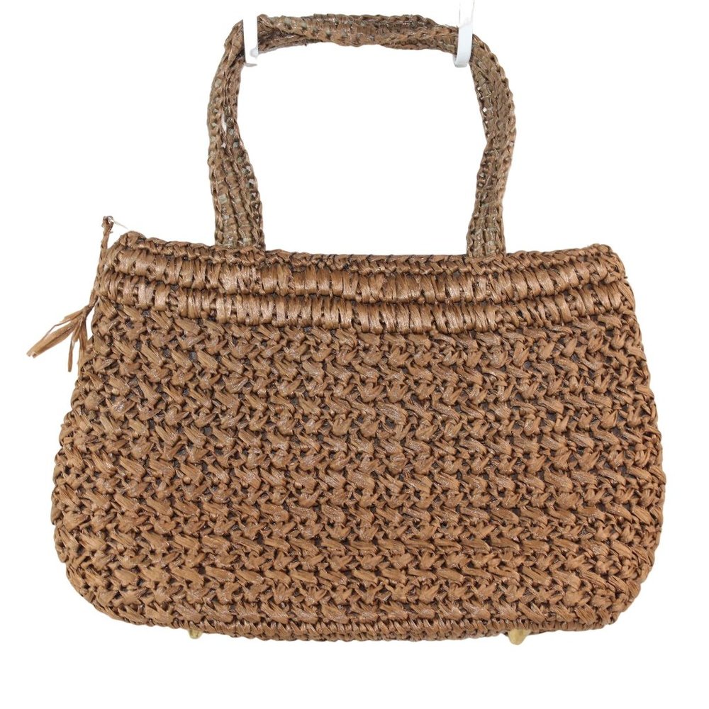 Vintage 1970's Raffia Straw Crochet Floral Embellishments Double Handled Purse - Picture 2 of 16